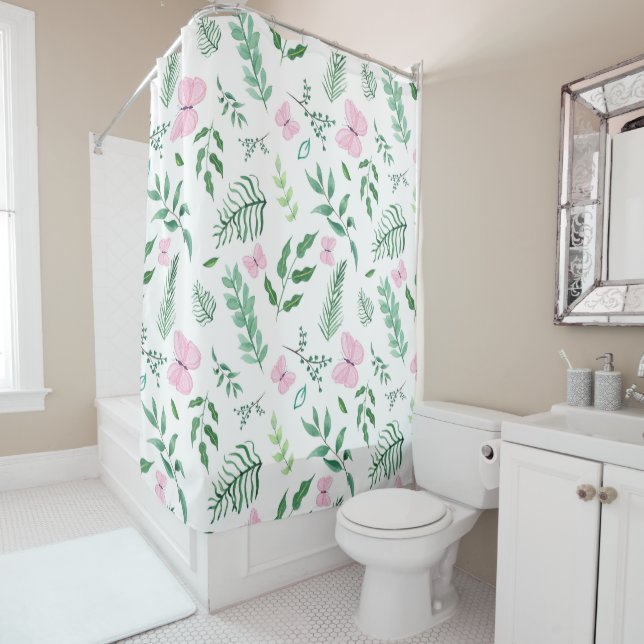 Pink Butterfly Botanical Greenery Watercolor Shower Curtain (In Situ)