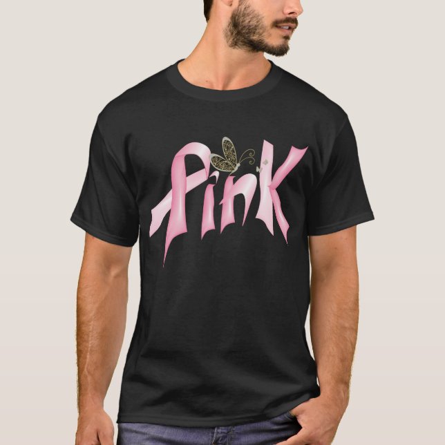 Pink  Butterfly Breast Cancer Ribbon T-Shirt (Front)