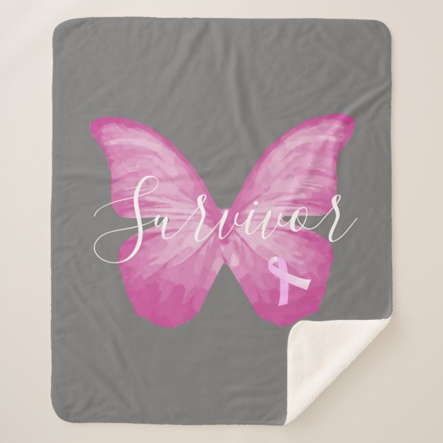Pink Butterfly Breast Cancer Survivor Sherpa Blanket (Front)