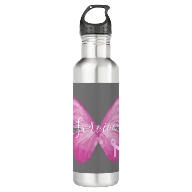 Pink Butterfly Breast Cancer Survivor Stainless Steel Water Bottle (Front)