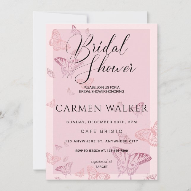 Pink Butterfly Bridal Shower Invitation (Front)