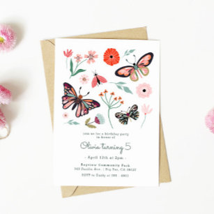 Pink Butterfly Bugs Flower Birthday Invitation