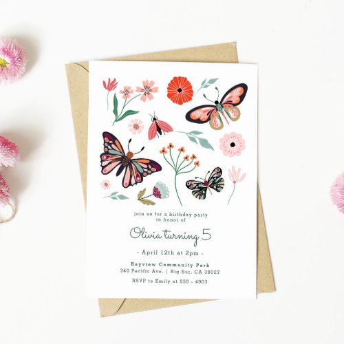 Pink Butterfly Bugs Flower Birthday Invitation