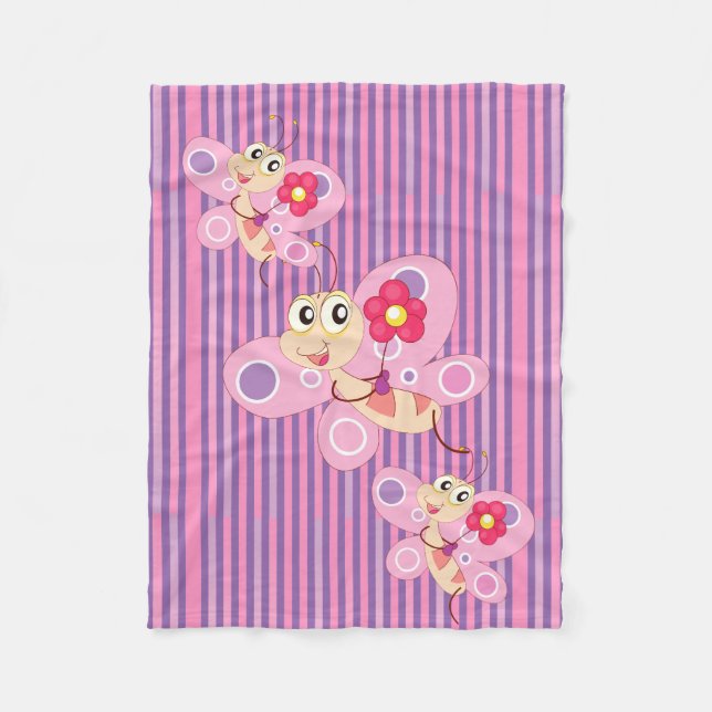 Pink Butterfly Cartoon Fleece Blanket (Front)