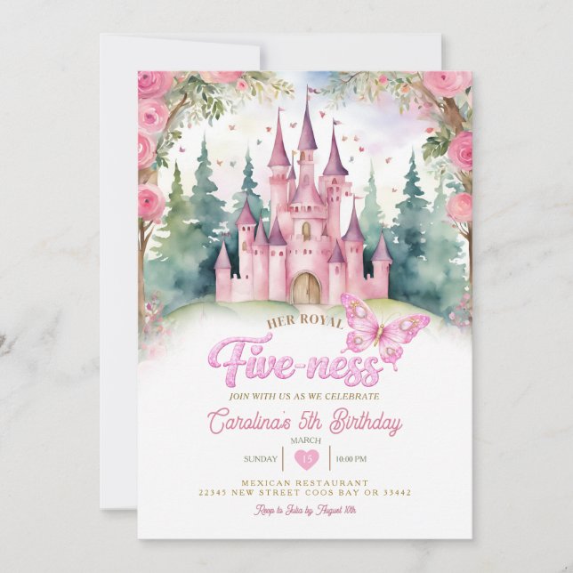 Pink Butterfly Castle Her Royal Five-ness Birthday Invitation (Front)