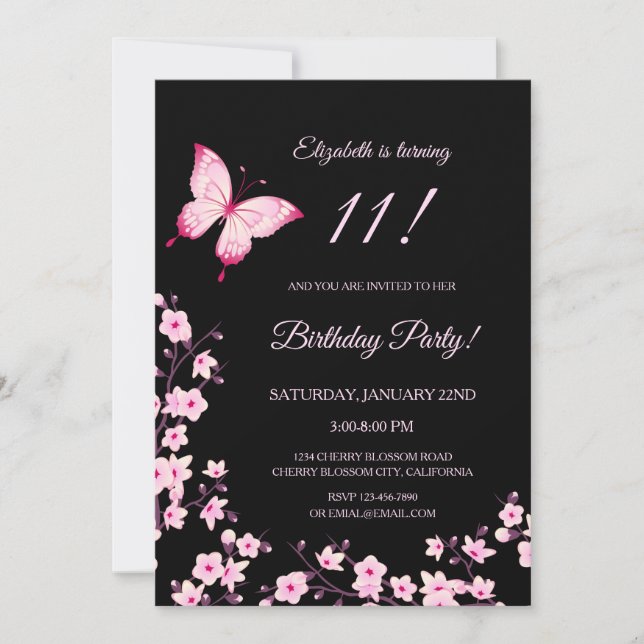 Pink Butterfly Cherry Blossom Black  Invitation (Front)