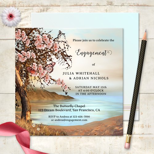 Pink Butterfly Cherry Blossom Engagement Invitation