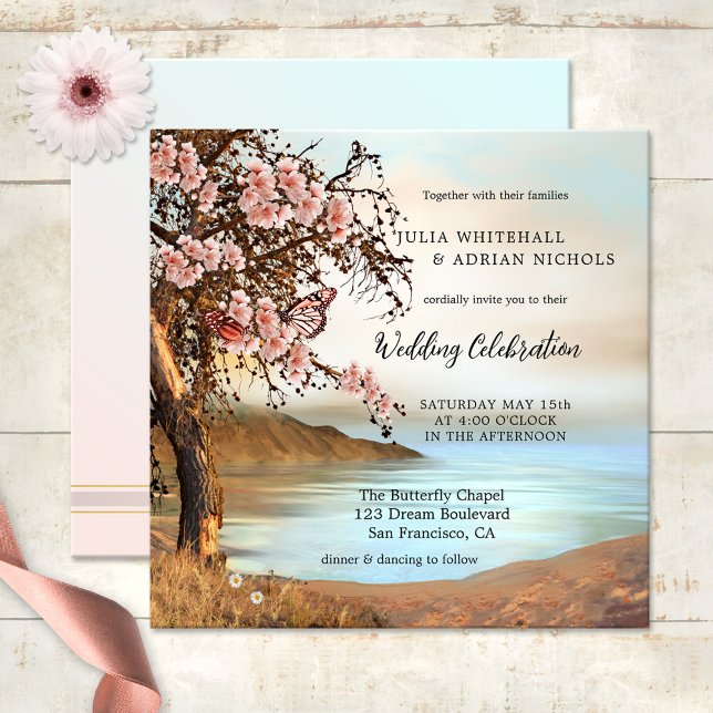 Pink Butterfly Cherry Blossom Wedding Invitation (Spring wedding invitation featuring an ocean with a cherry blossom tree and pink butterflies)