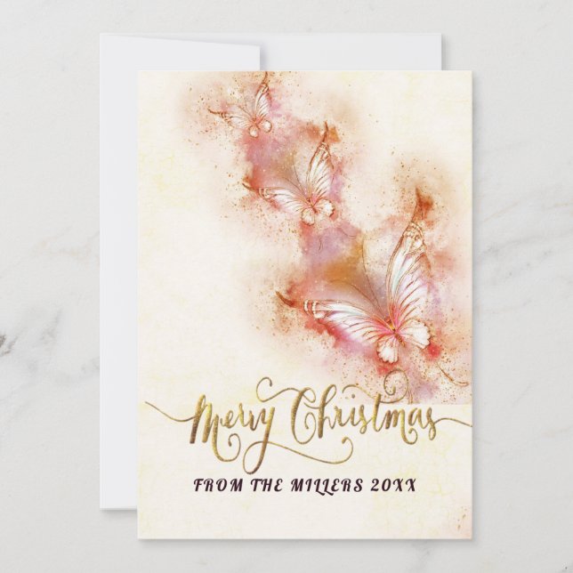 Pink Butterfly Christmas Glitter Holiday Card (Front)