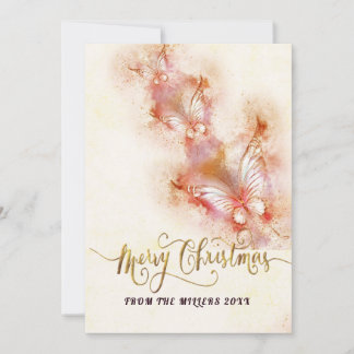 Pink Butterfly Christmas Glitter Holiday Card