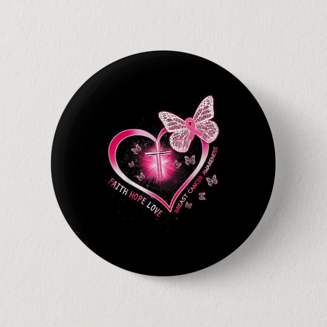 Pink Butterfly Cross Faith Hope Love Breast Cancer Button (Front)