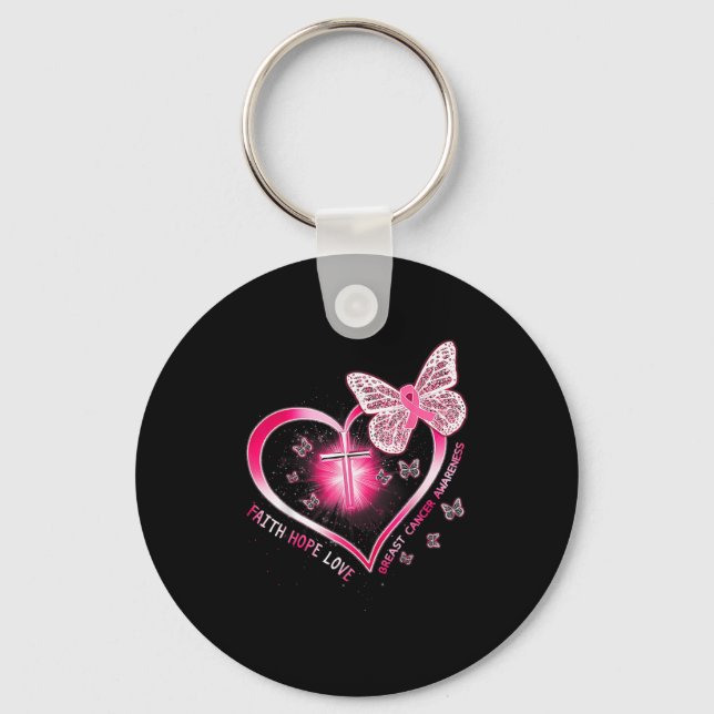Pink Butterfly Cross Faith Hope Love Breast Cancer Keychain (Front)