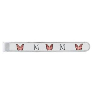 Pink Butterfly Design Monogrammed Silver Finish Tie Bar