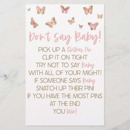 Pink Butterfly Dont Say Baby Shower Game Stationery