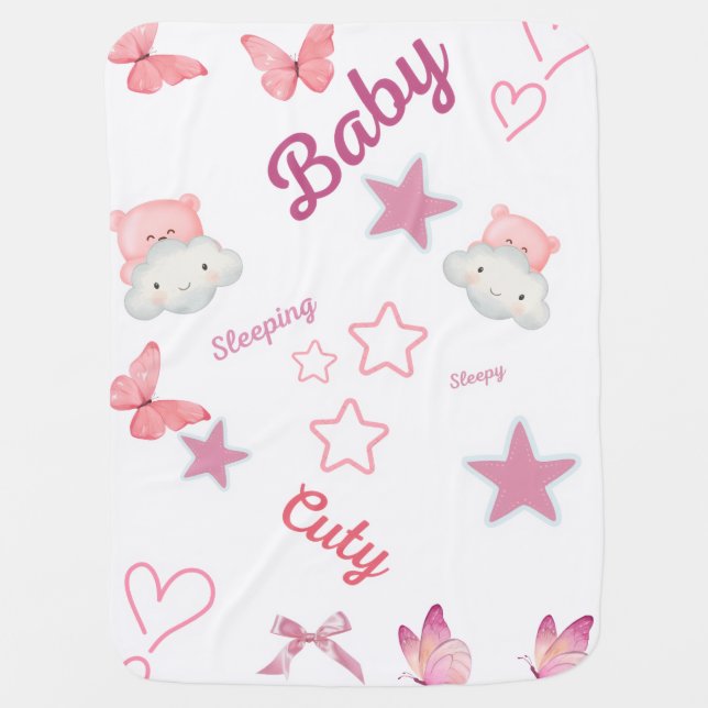 Pink Butterfly Dreams Baby Blanket with Stars & Be (Front)