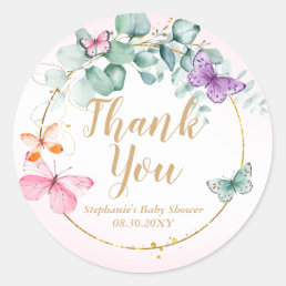Pink Butterfly Eucalyptus Baby Shower Favor Classic Round Sticker