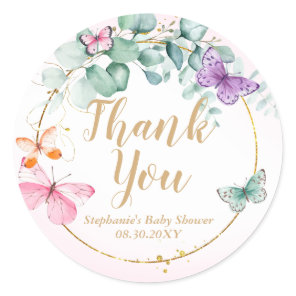 Pink Butterfly Eucalyptus Baby Shower Favor Classic Round Sticker