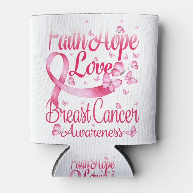 Pink Butterfly Faith Hope Love Breast Cancer Can Cooler (Front)