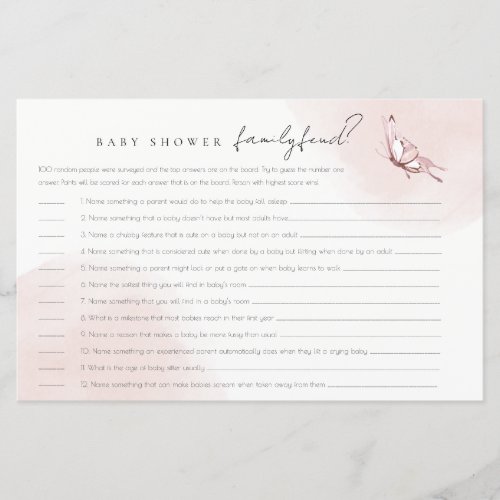Pink Butterfly Family Feud Survey Baby Shower Game