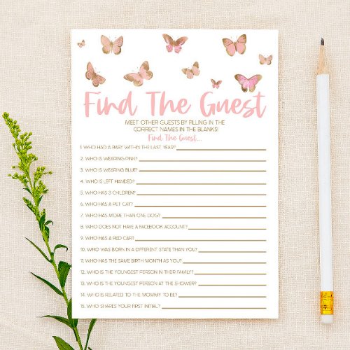 Pink Butterfly Find The Guest Baby Shower Game Stationery