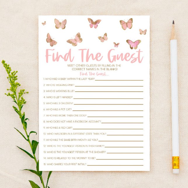 Pink Butterfly Find The Guest Baby Shower Game Stationery (Creator Uploaded)