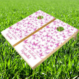 Pink Butterfly First Birthday Baby Girl Custom Cornhole Set