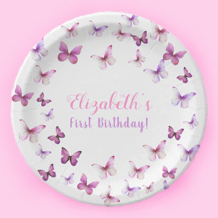Pink Butterfly First Birthday Baby Girl  Paper Plates