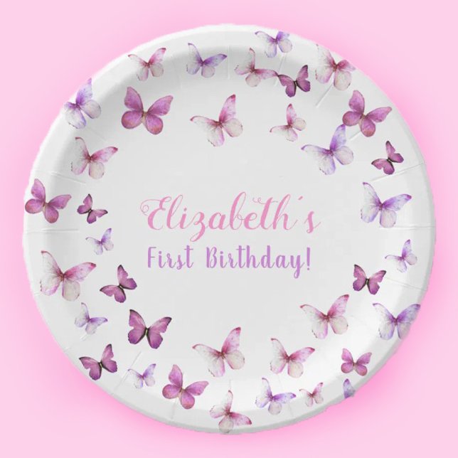 Pink Butterfly First Birthday Baby Girl  Paper Plates (Creator Uploaded)