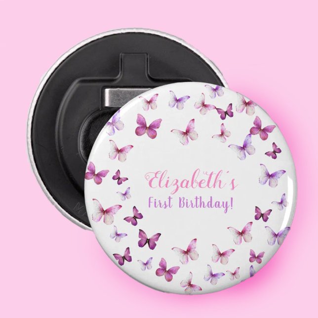 Pink Butterfly First Birthday Girl Party Favor Bottle Opener (Creator Uploaded)