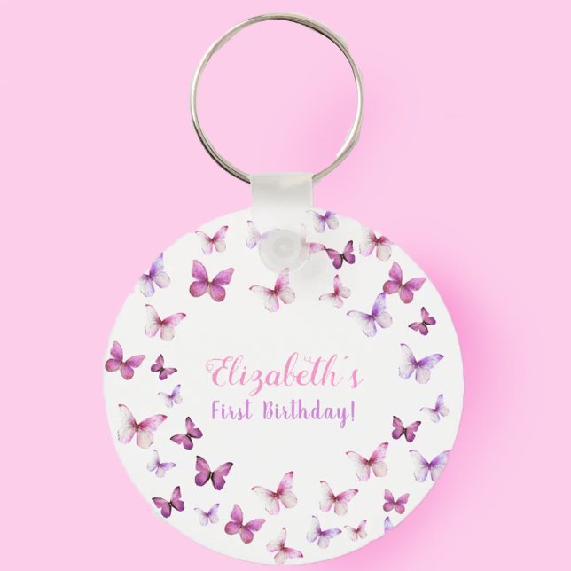Pink Butterfly First Birthday Girl Party Favor Keychain (Creator Uploaded)
