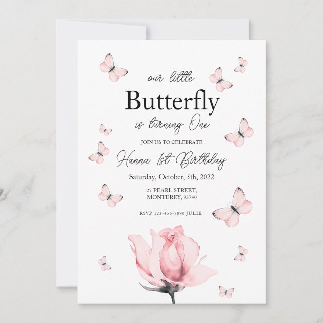 Pink butterfly first bithday invitation (Front)