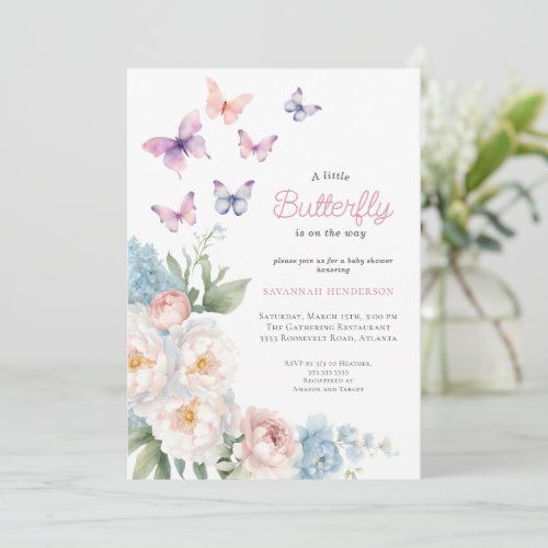 Pink Butterfly Floral Baby Shower Invitation