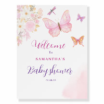 Pink butterfly Floral Baby Shower welcome sign
