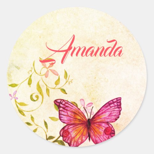 Pink Butterfly  Floral Custom Classic Round Sticker