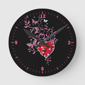 Pink Butterfly Floral Design Round Clock