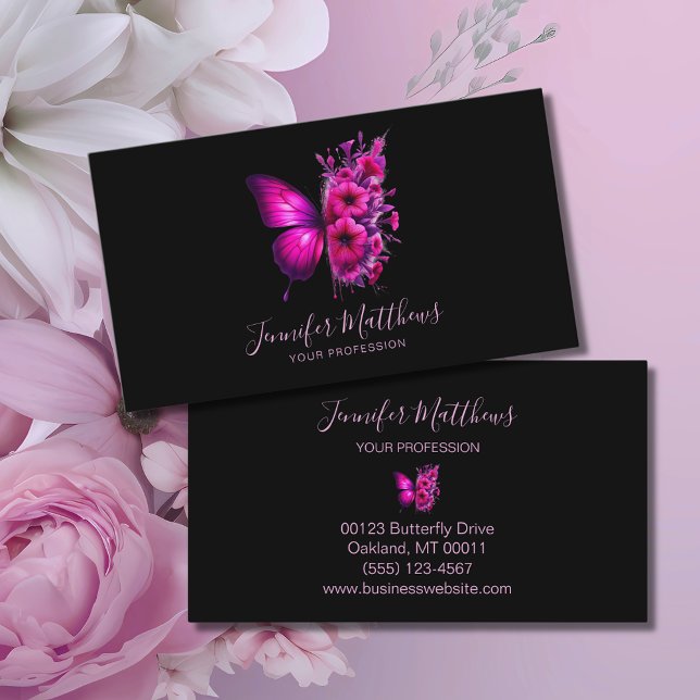 Pink Butterfly Floral Elegant Script Business Card (Creator Uploaded)
