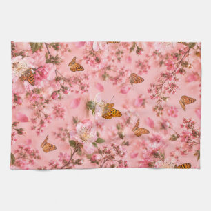 Pink Butterfly Floral Garden Kitchen Towel