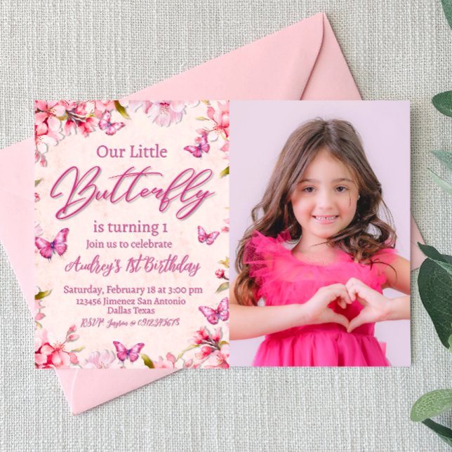 Pink Butterfly Floral Girl Birthday Invitation (Pink Butterfly Floral Girl Birthday Invitation with Photo)