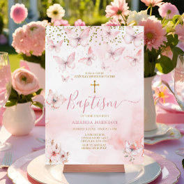 Pink Butterfly Floral Girl Christening Baptism Invitation