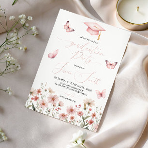 Pink Butterfly Floral Graduation Invitation