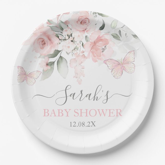 Pink Butterfly Floral Paper Plates (Front)
