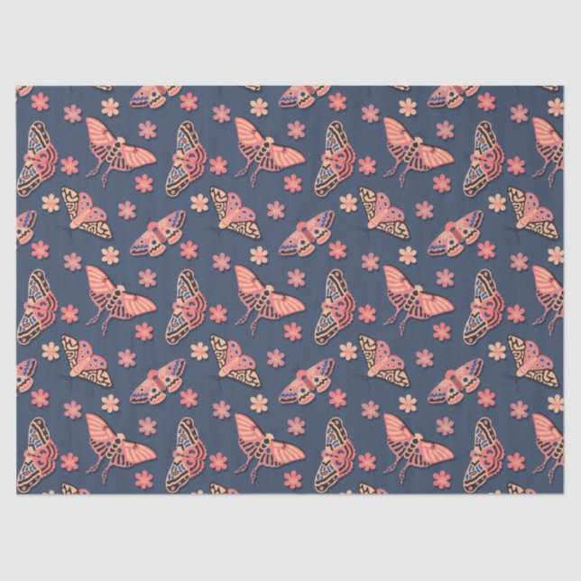 Pink Butterfly Floral Pattern on Midnight Blue Tissue Paper (Front)
