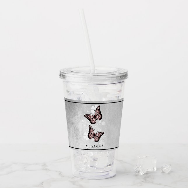Pink Butterfly Floral Personalized Acrylic Tumbler (Front Ice)