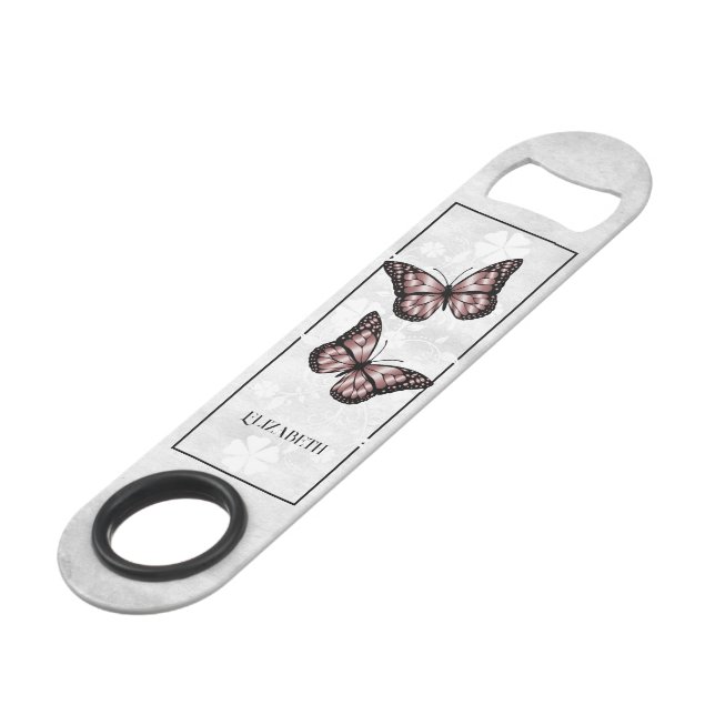 Pink Butterfly Floral Personalized Bar Key (Front Angled)