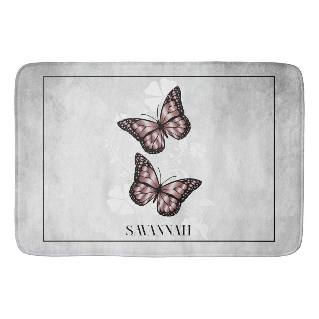 Pink Butterfly Floral Personalized Bath Mat (Front)