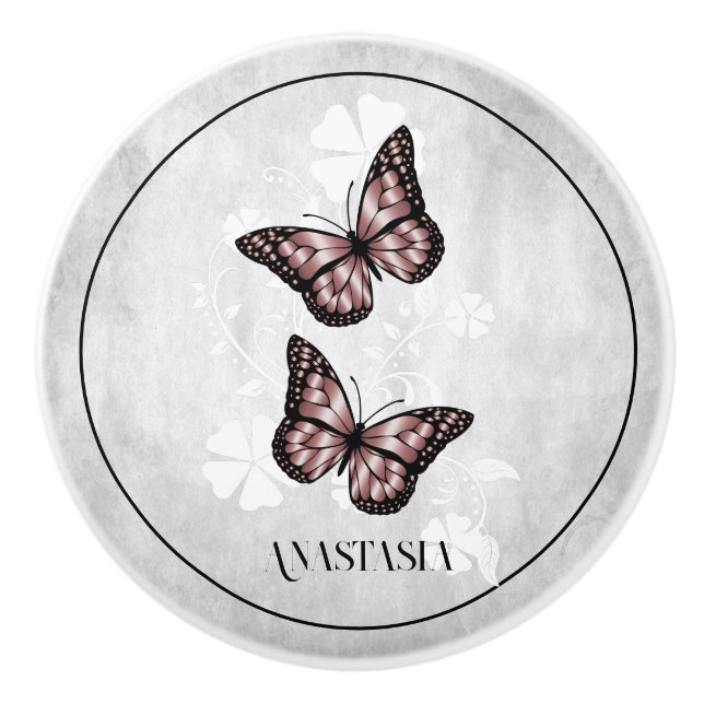 Pink Butterfly Floral Personalized Ceramic Knob (Front)