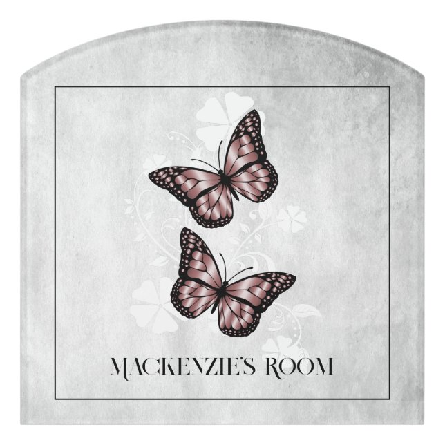 Pink Butterfly Floral Personalized Door Sign (Contour Front)