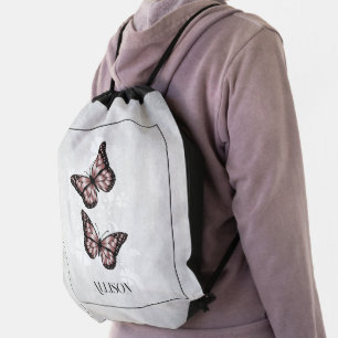 Pink Butterfly Floral Personalized Drawstring Bag