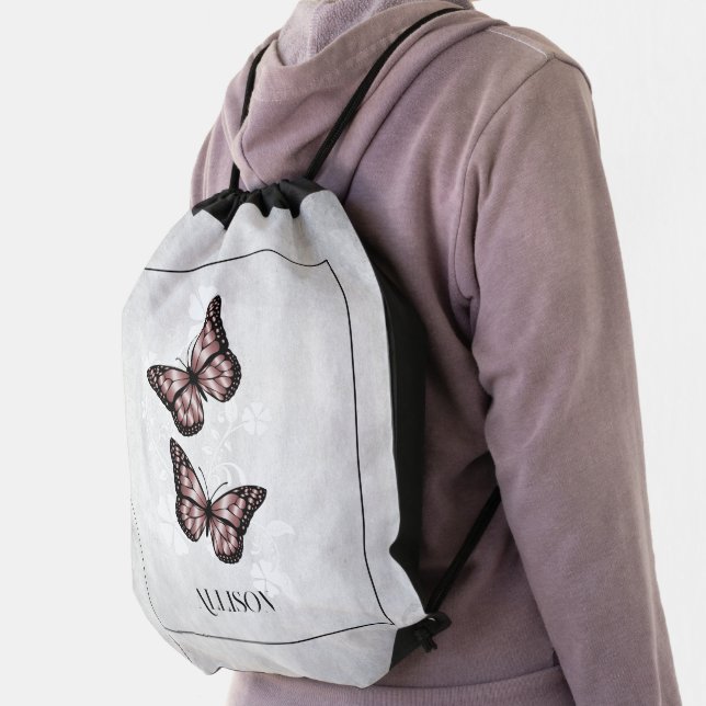 Pink Butterfly Floral Personalized Drawstring Bag (Insitu)
