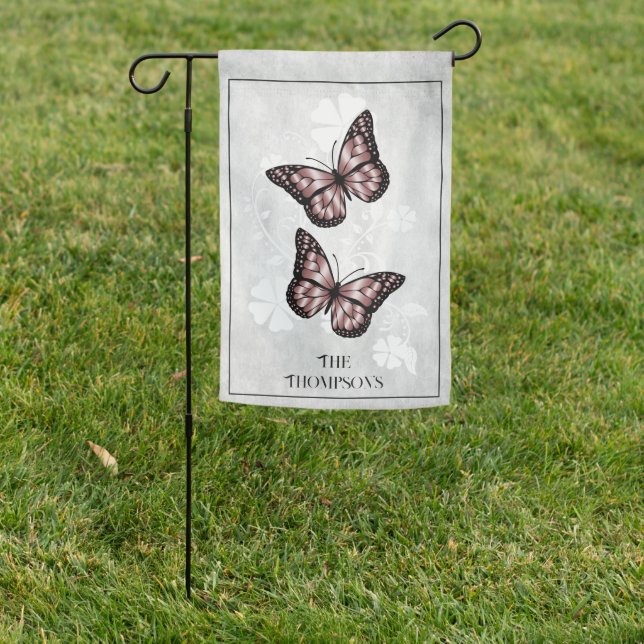 Pink Butterfly Floral Personalized Garden Flag (In SItu)